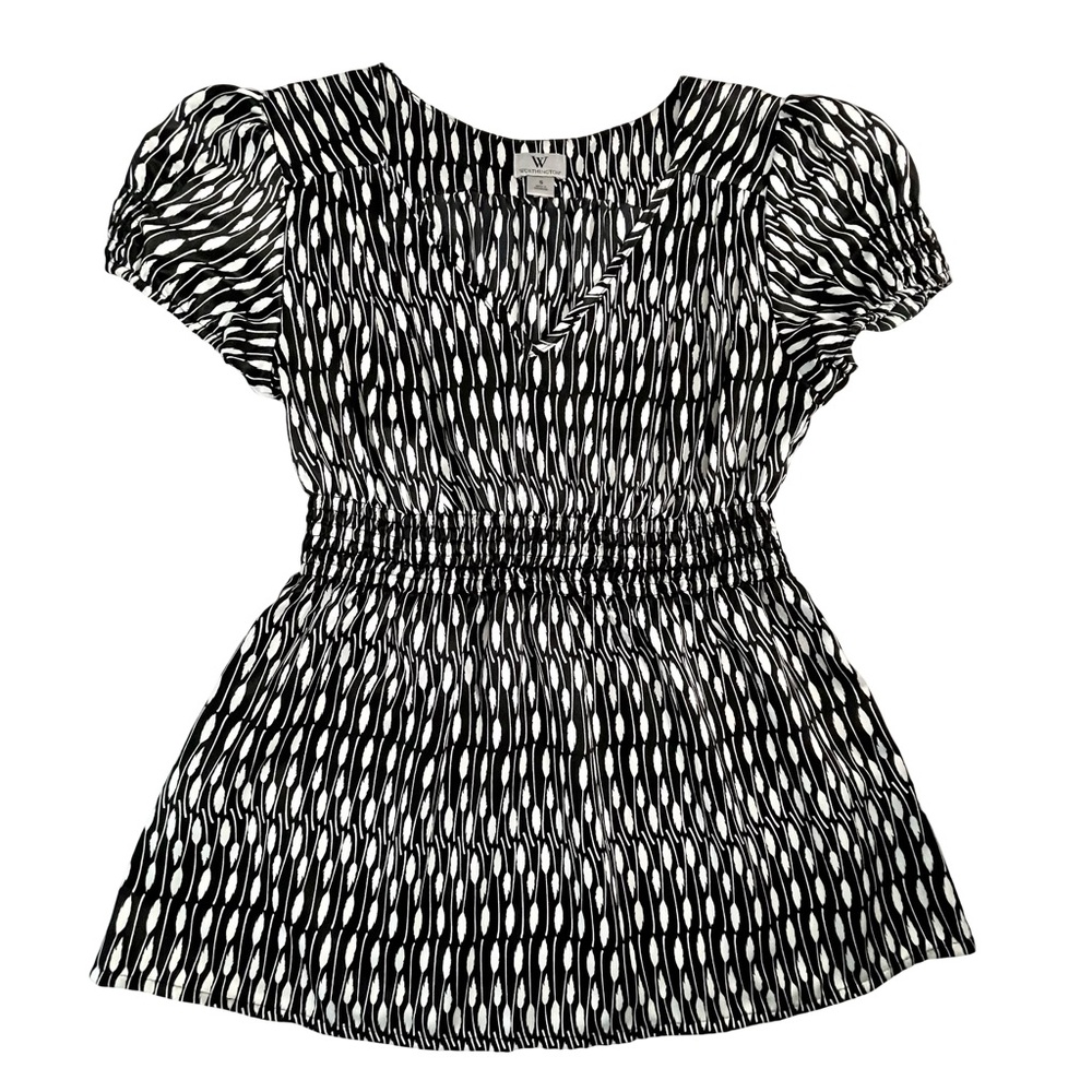 Worthington Black and White Feather Print V-neck Peplum Cap Sleeve Blouse SzS
